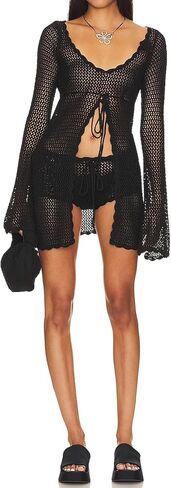 Women Crochet Tunic Beach Cover Up Sexy Front Slit Tie Waist Bikini Bathing Suit Long Sleeve Knit Top Cover Ups in Saudi Arabia