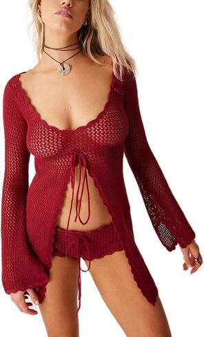 Women Crochet Tunic Beach Cover Up Sexy Front Slit Tie Waist Bikini Bathing Suit Long Sleeve Knit Top Cover Ups in Saudi Arabia