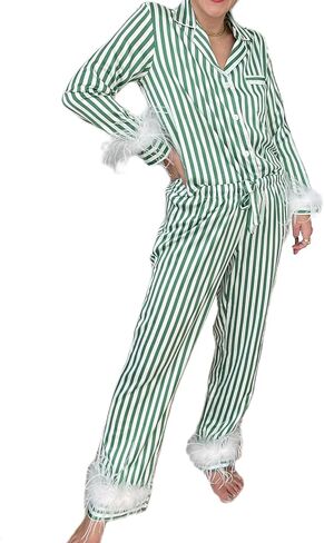 DSORVICD Women Christmas Satin Pajamas Sets Cute Feather Long Sleeve Button Down Shirt and Pants Set Xmas 2 Piece Loungewear in Kuwait