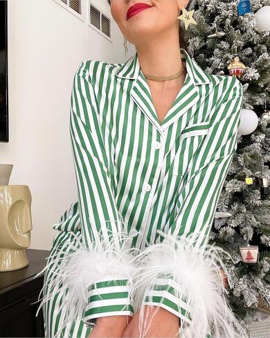 DSORVICD Women Christmas Satin Pajamas Sets Cute Feather Long Sleeve Button Down Shirt and Pants Set Xmas 2 Piece Loungewear in Kuwait