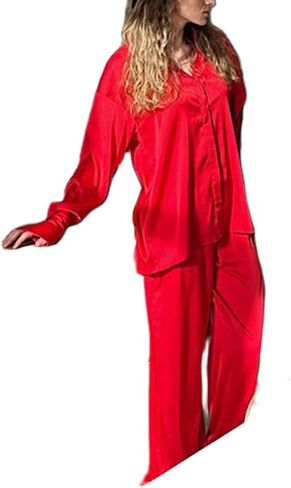 DSORVICD Women Christmas Satin Pajamas Sets Cute Feather Long Sleeve Button Down Shirt and Pants Set Xmas 2 Piece Loungewear in Kuwait
