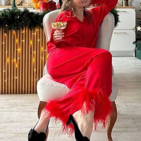DSORVICD Women Christmas Satin Pajamas Sets Cute Feather Long Sleeve Button Down Shirt and Pants Set Xmas 2 Piece Loungewear in Kuwait