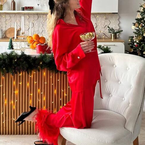 DSORVICD Women Christmas Satin Pajamas Sets Cute Feather Long Sleeve Button Down Shirt and Pants Set Xmas 2 Piece Loungewear in Kuwait