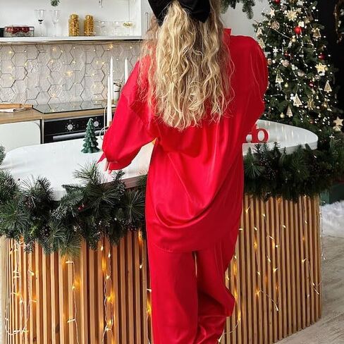 DSORVICD Women Christmas Satin Pajamas Sets Cute Feather Long Sleeve Button Down Shirt and Pants Set Xmas 2 Piece Loungewear in Kuwait