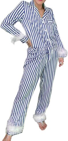 DSORVICD Women Christmas Satin Pajamas Sets Cute Feather Long Sleeve Button Down Shirt and Pants Set Xmas 2 Piece Loungewear in Kuwait