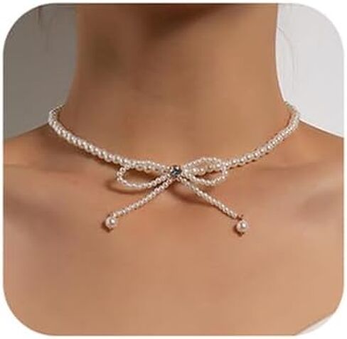 Dainty Pearl Rhinestone Necklace Bow Pearl Chain Choker Necklace White Pearl Beaded Necklace Prom Party Bar Accessories for Women in Saudi Arabia
