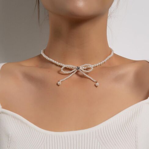 Dainty Pearl Rhinestone Necklace Bow Pearl Chain Choker Necklace White Pearl Beaded Necklace Prom Party Bar Accessories for Women in Saudi Arabia
