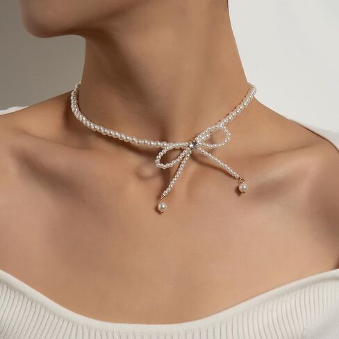 Dainty Pearl Rhinestone Necklace Bow Pearl Chain Choker Necklace White Pearl Beaded Necklace Prom Party Bar Accessories for Women in Saudi Arabia