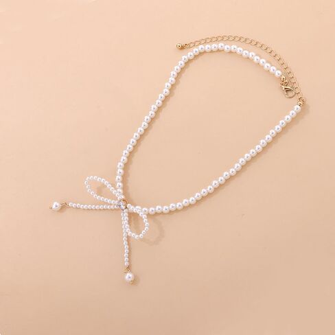Dainty Pearl Rhinestone Necklace Bow Pearl Chain Choker Necklace White Pearl Beaded Necklace Prom Party Bar Accessories for Women in Saudi Arabia