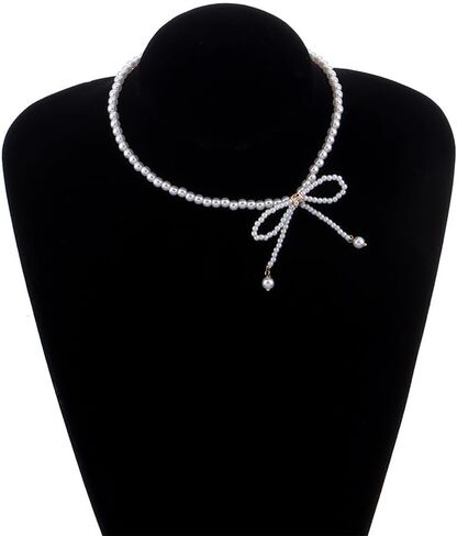 Dainty Pearl Rhinestone Necklace Bow Pearl Chain Choker Necklace White Pearl Beaded Necklace Prom Party Bar Accessories for Women in Saudi Arabia