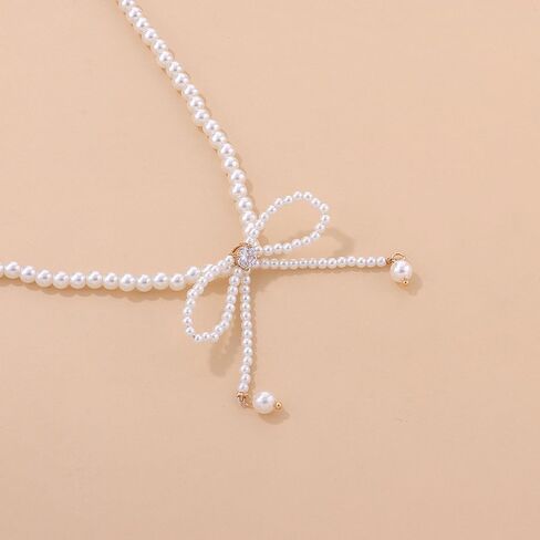 Dainty Pearl Rhinestone Necklace Bow Pearl Chain Choker Necklace White Pearl Beaded Necklace Prom Party Bar Accessories for Women in Saudi Arabia
