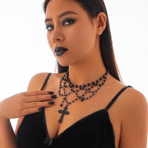 Gothic Halloween Cross Pendant Necklace for Women, Goth Black Hollow Lace Cross Choker Y2k Party Prom Holiday Statement Costume Jewelry Gifts in Saudi Arabia