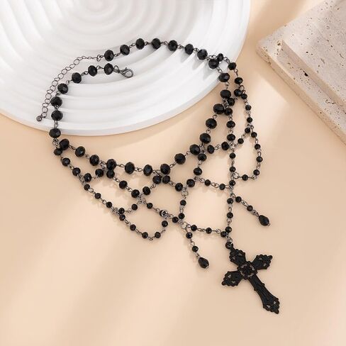 Gothic Halloween Cross Pendant Necklace for Women, Goth Black Hollow Lace Cross Choker Y2k Party Prom Holiday Statement Costume Jewelry Gifts in Saudi Arabia