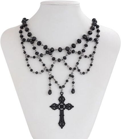 Gothic Halloween Cross Pendant Necklace for Women, Goth Black Hollow Lace Cross Choker Y2k Party Prom Holiday Statement Costume Jewelry Gifts in Saudi Arabia