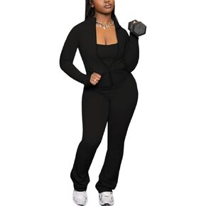 Women's High Neck Zip-Up Pocket Jacket with Jumpsuit Set Casual Elastic 2 Piece Outfit for Activewear in Kuwait