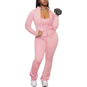 Women's High Neck Zip-Up Pocket Jacket with Jumpsuit Set Casual Elastic 2 Piece Outfit for Activewear