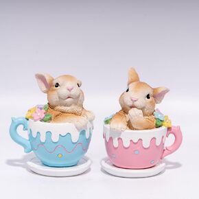 Hodao Easter Bunny Cupcake Figurines – Set of 2 Resin Bunny Easter Decorations with Carrots and Eggs – Cute Spring Tabletop Decor for Easter Celebration, Home, Office, Gifts (Set of 2 Cup White)