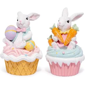 Hodao Easter Bunny Cupcake Figurines – Set of 2 Resin Bunny Easter Decorations with Carrots and Eggs – Cute Spring Tabletop Decor for Easter Celebration, Home, Office, Gifts (Set of 2 Cup White) in Kuwait