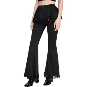 MakeMeChic Women's Y2K Lace Trim Bell Bottom Flare Pants Gothic Punk Trousers with Bow Skirt