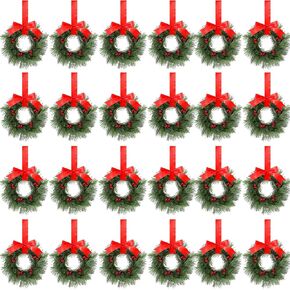 Lyrow 24 Pcs 23.6'' Christmas Wreath Bulk Christmas Kitchen Cabinet Wreaths with Red Ribbon Farmhouse Decoration Prelit Christmas Outdoor Window Wreath for Xmas Front Door Home Wall Porch