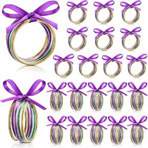 Tondiamo Mardi Gras Bracelets Glitter Jelly Bangles Filled Jelly Silicone Bracelets with Bowknot Stackable Bracelets Purple Green Gold Bangles for Women Carnival Parade Party Favors Gifts