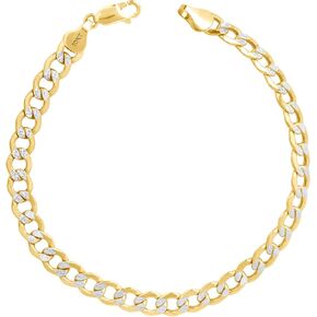 Nuragold 10k Yellow Gold 6.5mm Cuban Chain Curb Link Diamond Cut Pave Two Tone Bracelet, Mens Womens Jewelry 7" 7.5" 8" 8.5" 9"
