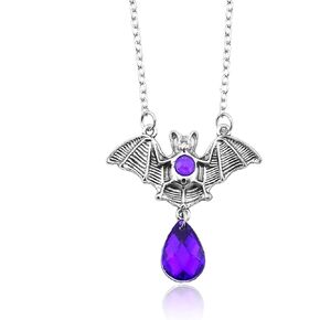 Bat Necklace Gothic Bat Wings Necklace Red Blood Purple Black Crystal Punk Animal Dark Bat Pendant Necklace Goth Halloween Cosplay Party Jewelry for Women