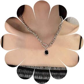 Vintage Square Onyx Pendant Necklace Black Onyx Choker Necklace Square Gemstone Necklace Punk Silver Paperclip Chain Necklace for Women