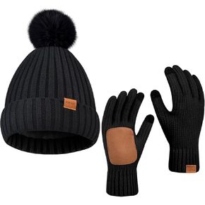 Womens Winter Beanie Hat Fleece Lined with Pom Pom,Warmer Faux Suede Touchscreen Gloves 2 in 1 Set for Cold Weather