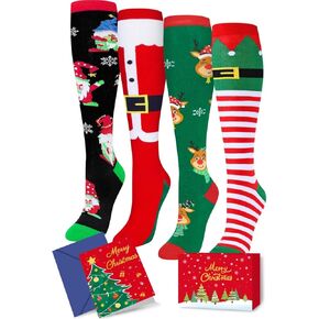 HAPPYPOP Christmas Gifts Stocking Socks for Women - Christmas Knee High Santa Gnome Socks Elf Reindeer Socks, Xmas Stocking with Greeting Card for Teen Girls