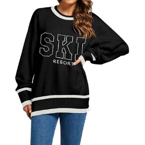 Womens Oversized Crewneck Long Sleeve Sweaters Color Block Striped Fall Casual Loose Knit Pullover Sweater Tops