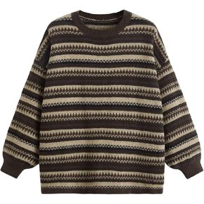 Women's Oversized Striped Crew Neck Sweaters Long Sleeve Drop Shoulder Knit Tops