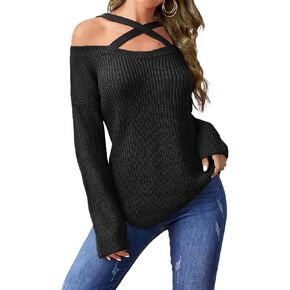 Women's Sexy Off The Shoulder Sweater Top Fall 2024 Ladies Dressy Slim Fit Waffle Knit Asymmetric Long Sleeve Sweaters
