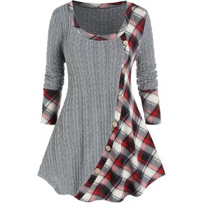 ROSE GAL Women Plus Size Mixed Media Mock Buttons Plaid Panel Cable Knit Top Long Sleeves Pullover Sweater Jumper