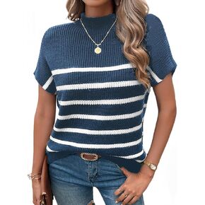 Womens Striped Sweater Vest Trendy Mock Neck Sleeveless Knitted Pullover Tank Tops Cap Sleeve Chunky Knitted Vest