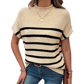 Womens Striped Sweater Vest Trendy Mock Neck Sleeveless Knitted Pullover Tank Tops Cap Sleeve Chunky Knitted Vest