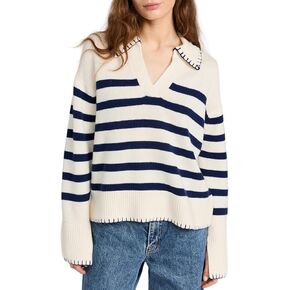 Kedera Women's Casual Striped Pullover Sweater Long Sleeve Polo V Neck Lightweight Loose Fit Knit Jumper Tops