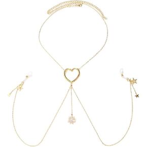 Kokoma Star Dangle Non Piercing Nipple Rings Body Chain for Women Cubic Zirconia Flower Pendant Heart Choker Necklace Fake Nipple Rings Bikini Bra Body Jewelry for Clothing Accessories