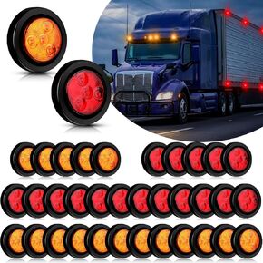 Funtery 36 Pcs 2 Inch LED Marker Lights Trailer Round Side Marker Light Waterproof Indicators Light 12-24V with Rubber Grommet Pigtail for Trailer, Truck, Pickup, RV and Bus, Amber and Red