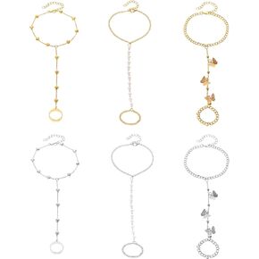 6 Finger ring bracelet Link Butterfly Heart imitation Pearl hand chain Slave bracelet Ring Everyday jewelry for women （Gold/Silver）