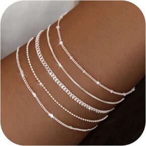 S925 Sterling Silver Bracelets Set for Women, Dainty Silver Bracelets for Women Trendy Bracelets Pack for Women, Cute Stack Sliver Bracelets Fashion Simple Silver Jewelry Gifts (Style 01)