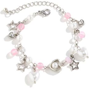 Todu Vintage Y2k Star Pearl Heart Beaded Chain Lightweight Punk Bracelet Aesthetic Accessories Christmas Jewelry Gifts For Women