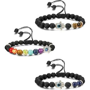 LOYALLOOK 3pcs Evil Eye Bracelet Lava Stone Beads Essential Oil Diffuser Bracelet for Men Women