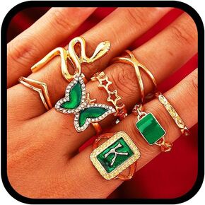 GRAEEN Stackable Emerald Butterfly Knuckle Rings Set Gold Snake Vintage Emerald Ring for Women