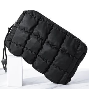 Hillban Puffy Quilted Makeup Bag Quilted Cosmetic Bag Cute Puffer Toiletry Bag Checkered Makeup Pouch Aesthetic Travel Makeup Brushes Bag(Black,Classic)