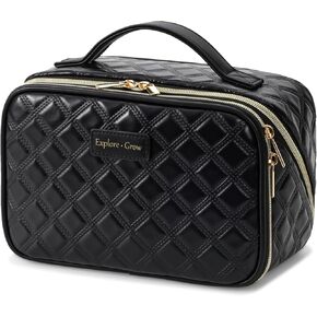 PACKISM PU Leather Travel Makeup Bag for Women - Plaid Open Flat Cosmetic Bags for Women with Compartments, Brush Holder, Large Waterproof Make Up Organizer for Travel Bathroom Cruise, Cream (L)