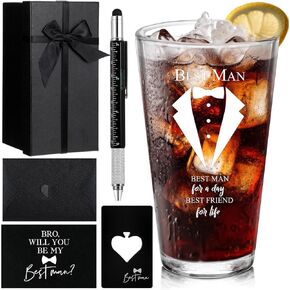 7 Pcs Groomsmen Gifts Wedding Proposal Gift 16 oz Beer Glass Cup Bottle Cap Opener Socks Multi Tool Ballpoint Pen with Greeting Card Black Envelope Gift Box (Best Man)