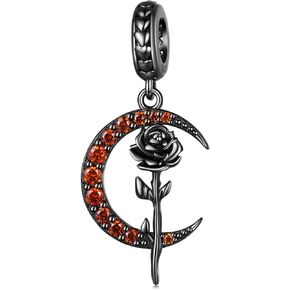Moon Rose Pendant Charms for Bracelets and Necklaces 925 Sterling Silver Rose Charm Paved with Cubic Zirconia Gothic Bead Charms for Women