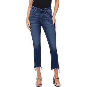Flying Monkey Women's High-Rise Crop Slim Straight Irregular Raw Step Hem Jeans in Ardent