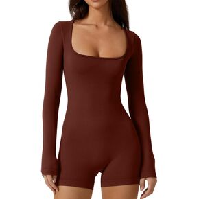 Meyeeka Women's Sexy Square Neck Romper Seamless Long Sleeve Stretch Short Jumpsuits
